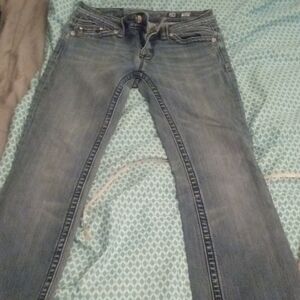 Miss Me Blue Straight Leg Jeans with Distressed Finish